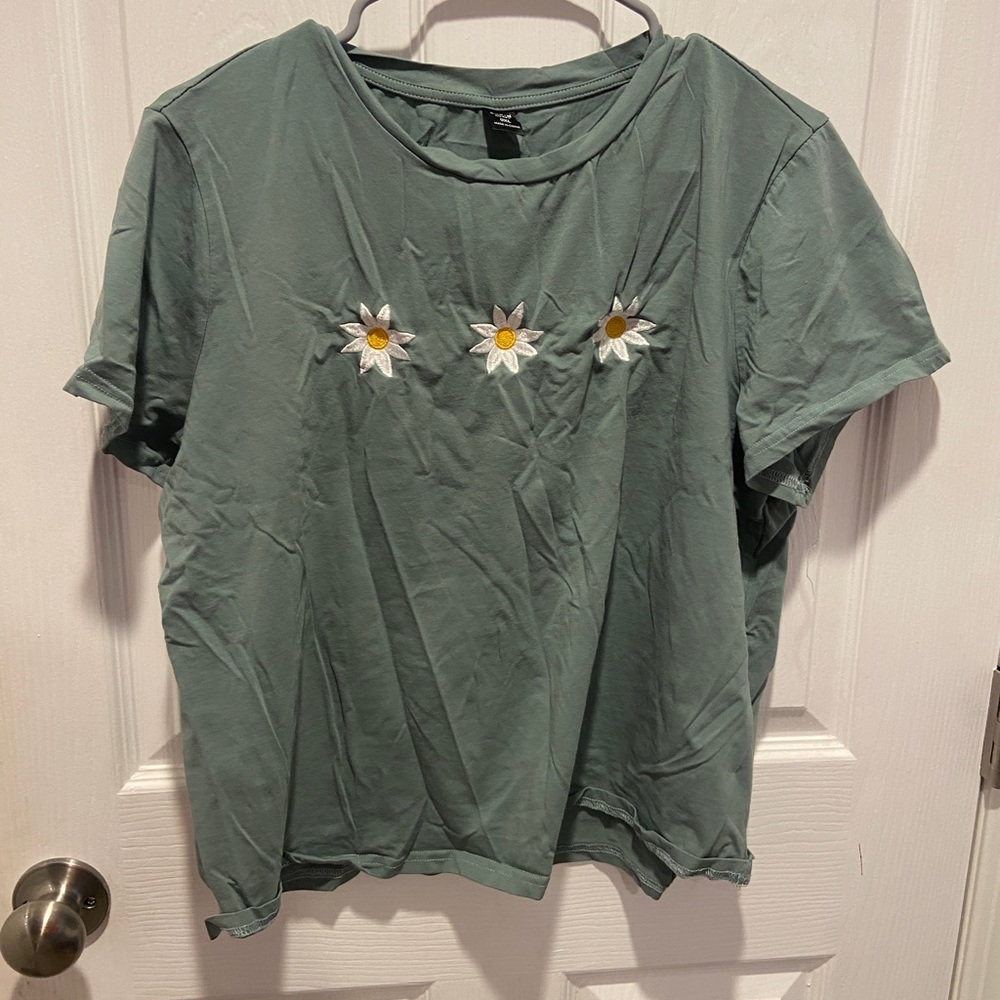 Green embroidered flower shirt